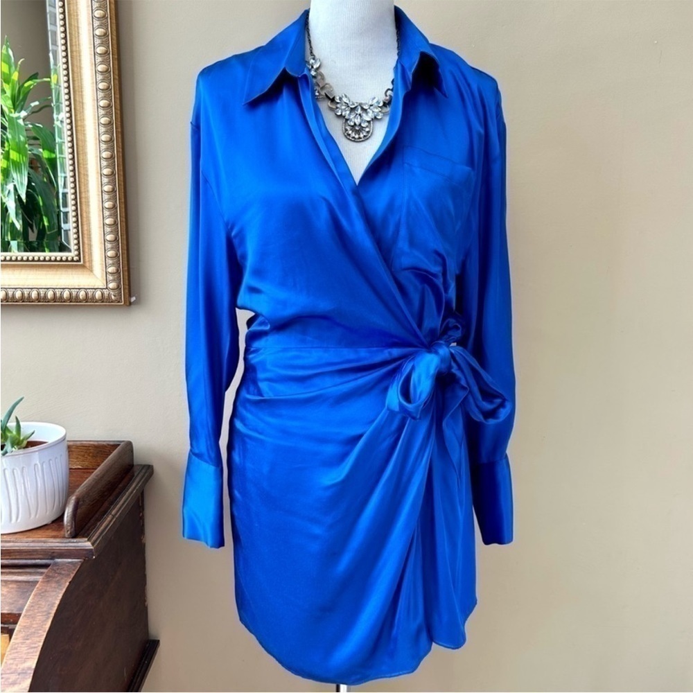 Zara Woman Blue Satin Effect Long Sleeve Wrap Mini Dress Blogger Fav Size L NWT